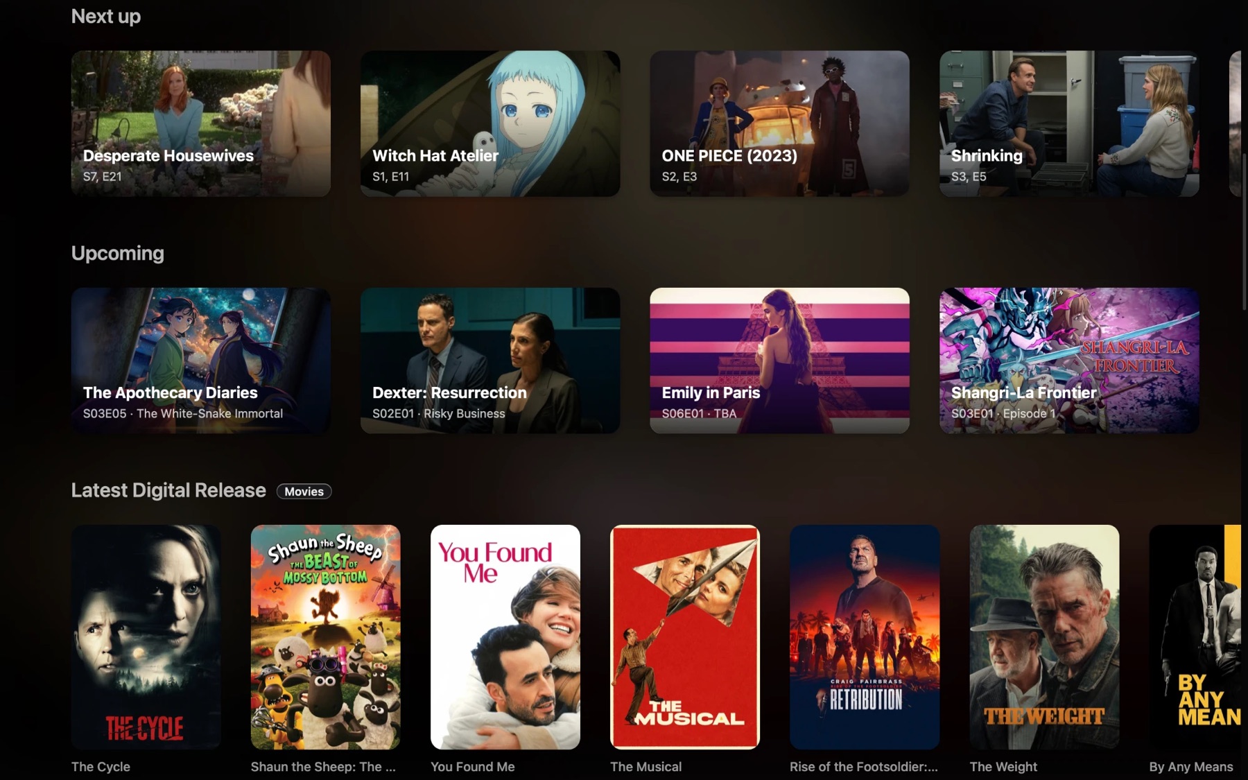 The home screen with the Next up, Upcoming and New releases rows